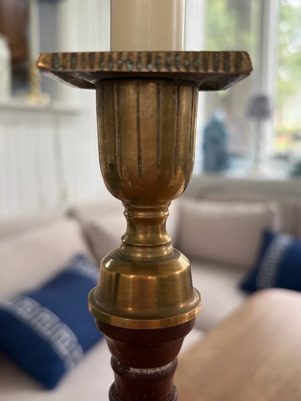 Source Unknown Brass and Brown Tall Candlestick Holder